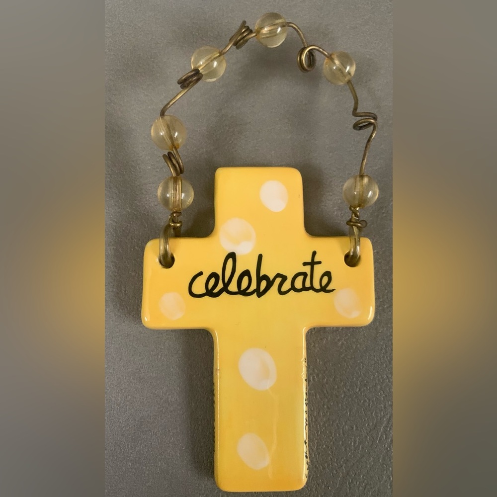 SILVESTRI HAND CRAFTED CERAMIC CROSS ORNAMENT:signed by artist-Yellow(celebrate)